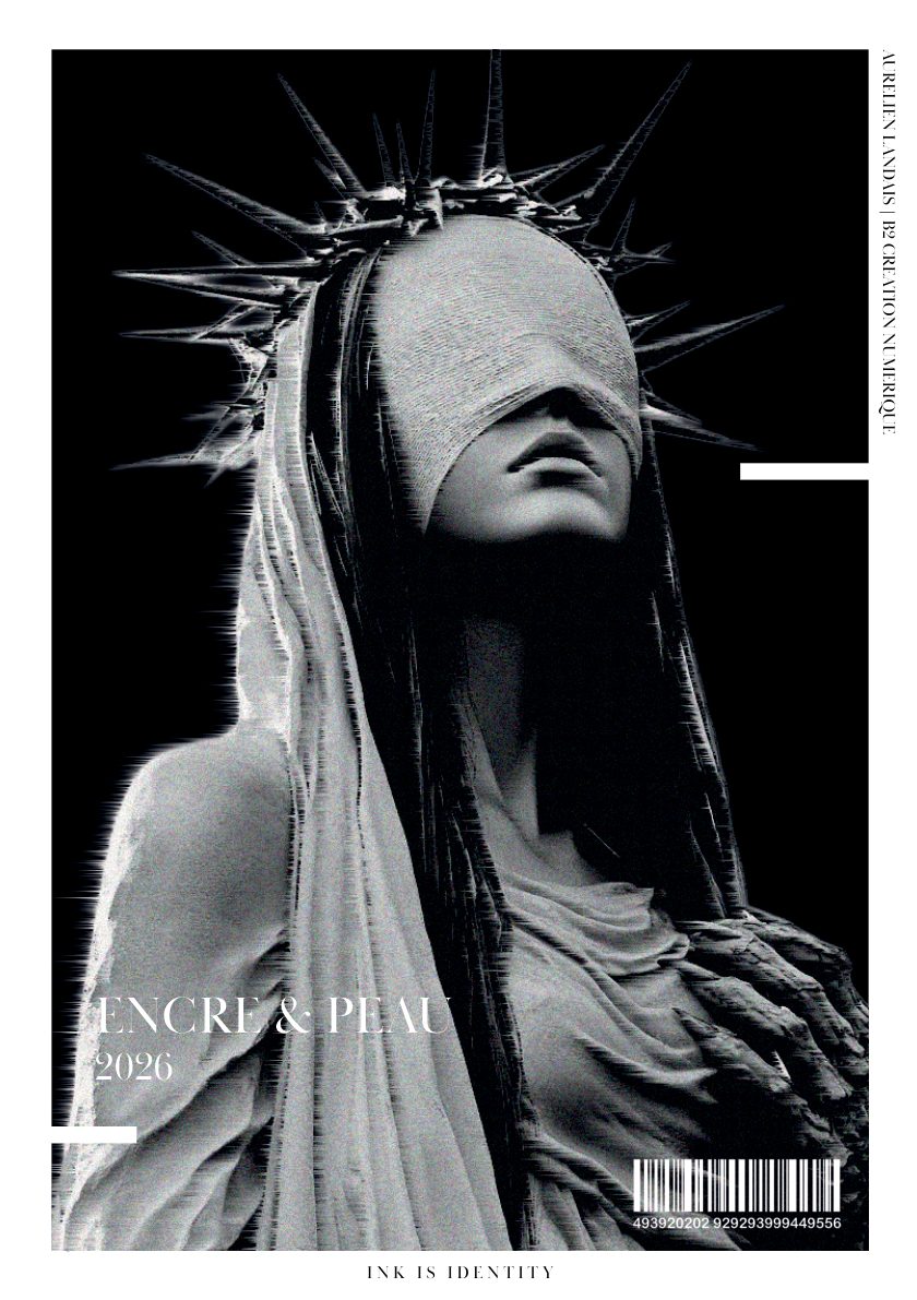 Quatrième de couverture Encre & Peau — statue voilée, « Ink is identity »
