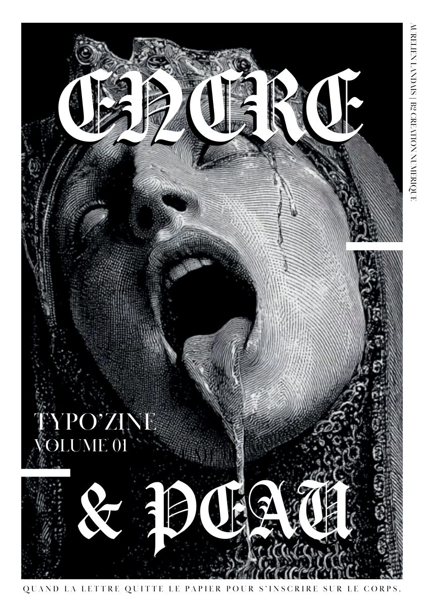 Couverture Encre & Peau — titre en Blackletter sur un visage encré