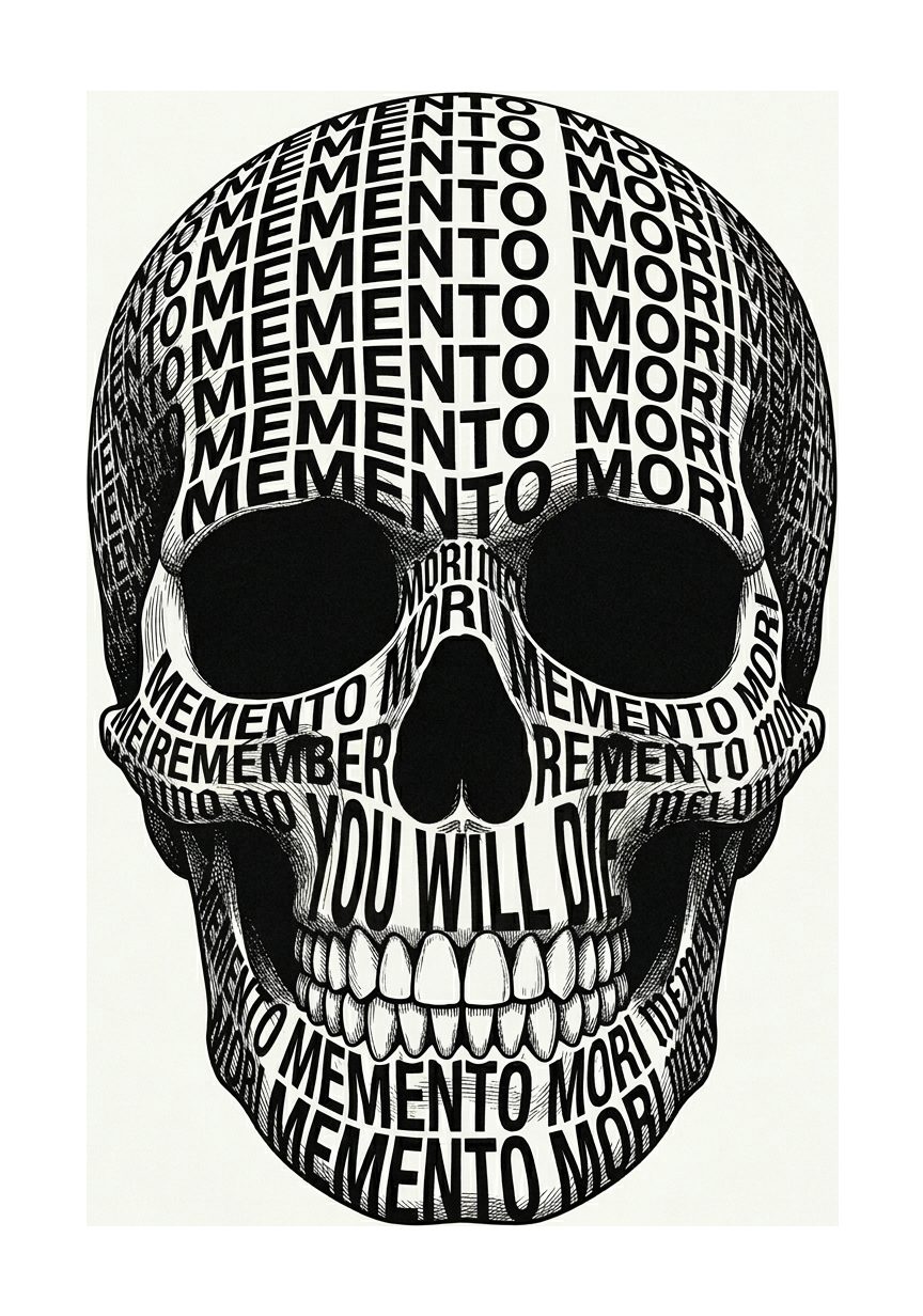 Crâne memento mori composé entièrement de lettres